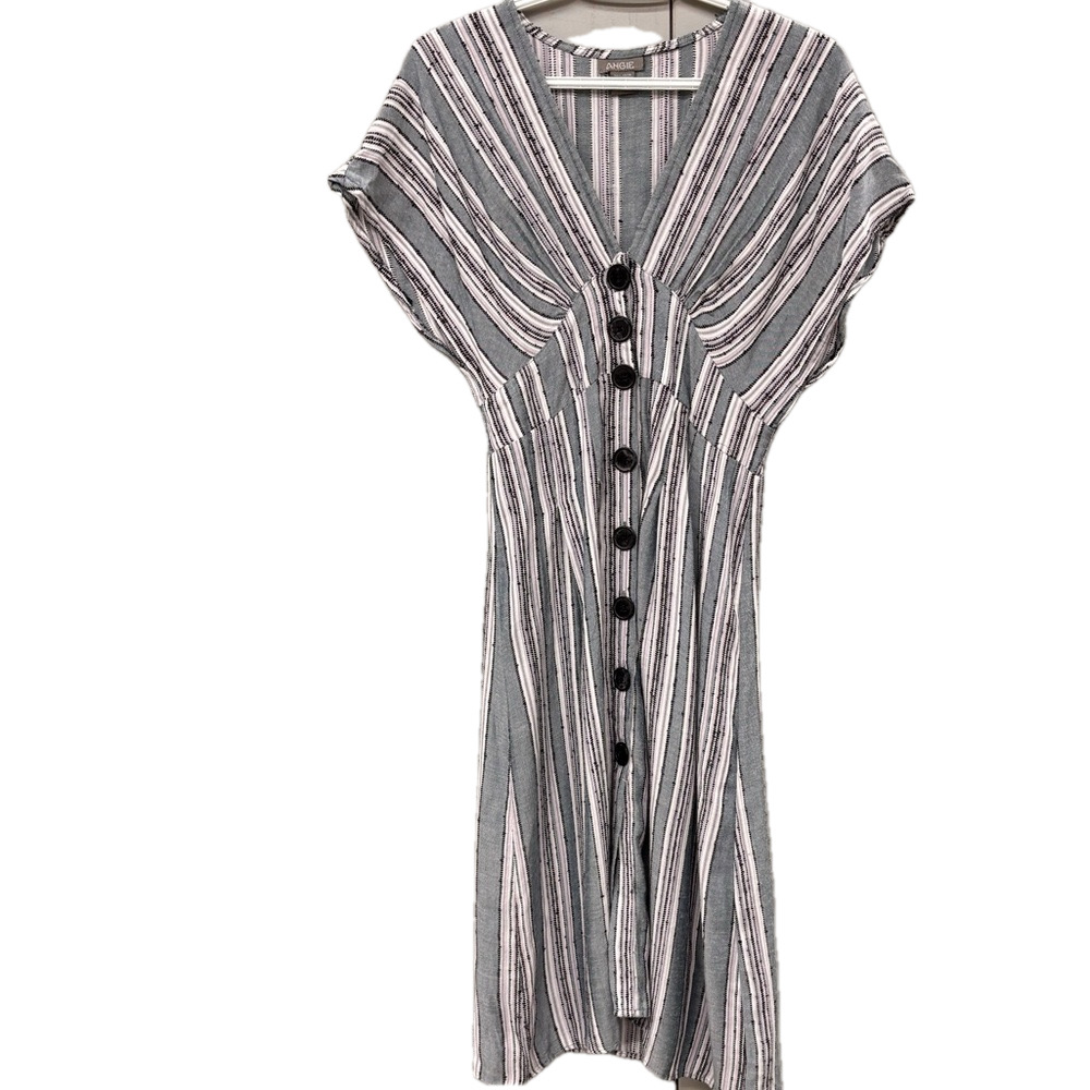 Angie Striped Cap Sleeve Button Front V Neck Dress Womens Size Medium